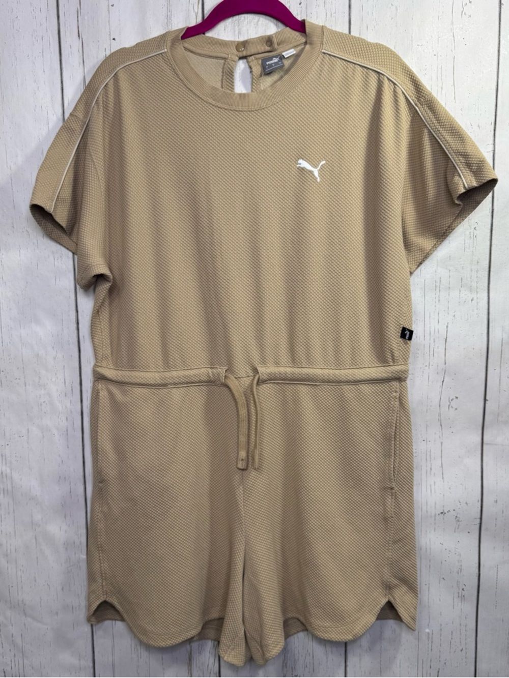 Puma Beige Textured Romper Drawstring Waist Casual Sporty L Neutral Athleisure